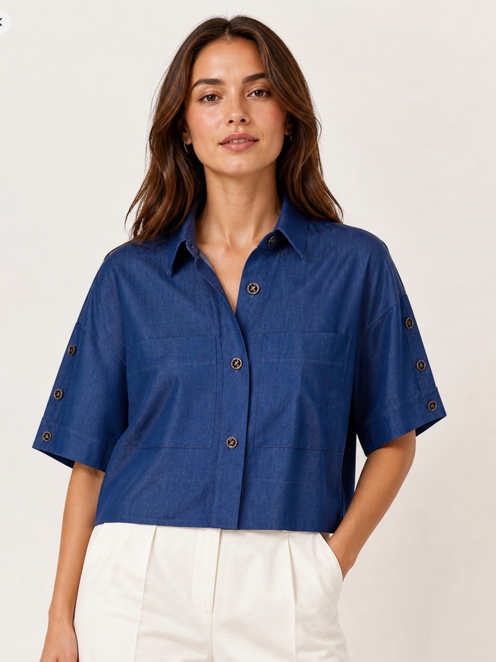 Aleeza Short-Sleeve Button Front Shirt Jacket in Deep Blue